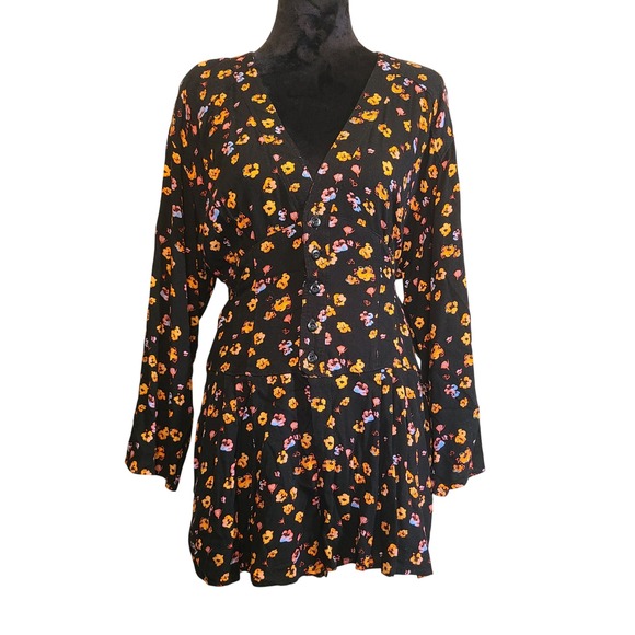 Free People Pants - Free People Romper Womens 12 Black Floral Button Front Long Sleeve V-Neck
